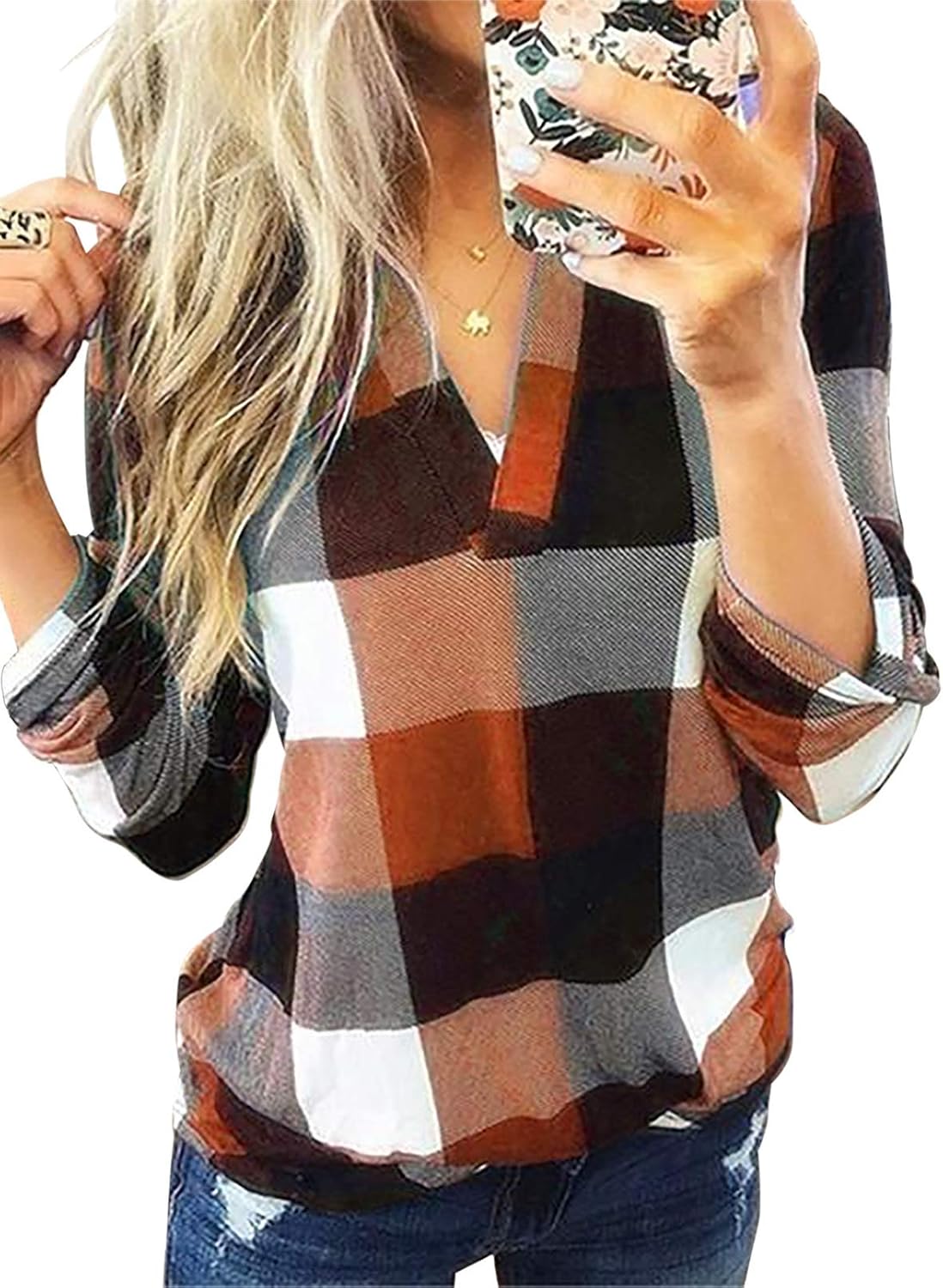 Dokotoo Womens Basic Casual V Neck Plaid Print Cotton Cuffed Long Sleeve Work To...