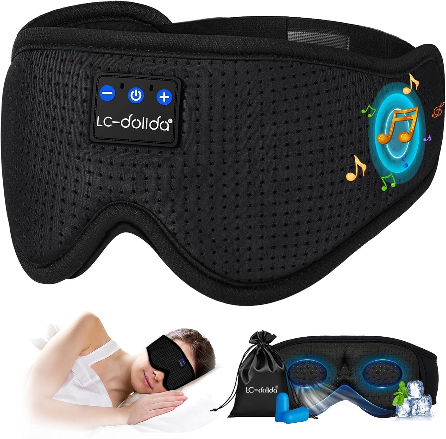 LC-dolida Bluetooth Sleep Mask Headphones,Upgraded 100% Blackout 3D Sleep Headph...