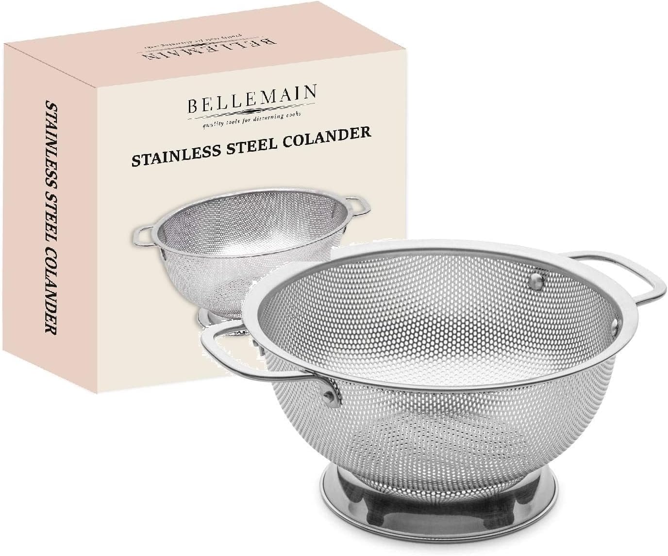 Bellemain 3 Qt Metal Colander with Handle | Pasta, Spaghetti, Berry, Fruit, Vege...