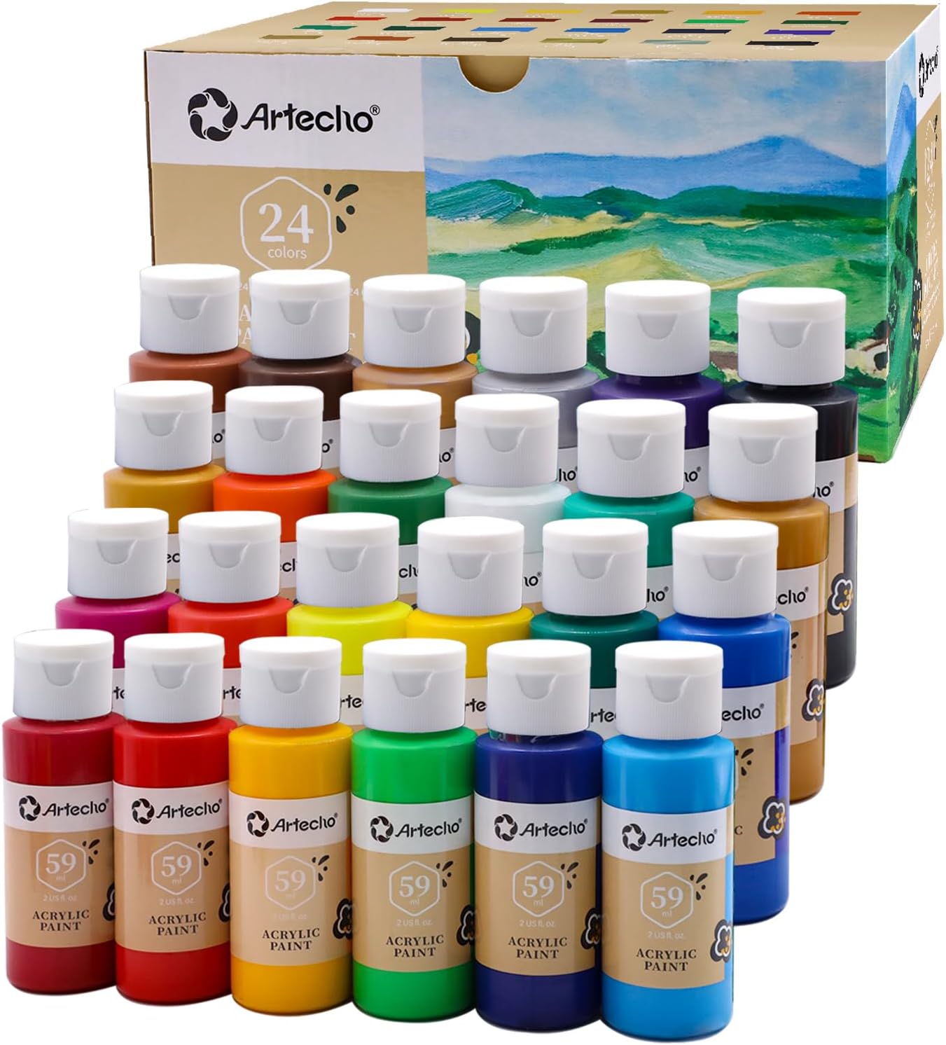 Artecho Acrylic Paint Acrylic Paint Set for Art, 24 Colors 2 Ounce/59ml Basic Ac...