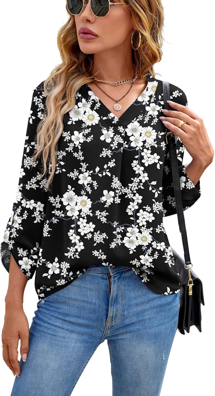 QUEZHU 3/4 Sleeve Blouses for Women Business Casual Elegant Chiffon V Neck Blous...