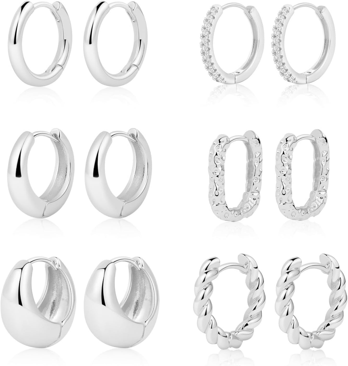 6 Pairs Silver Hoop Earrings for Women, Sterling Silver Chunky Earrings Set for...