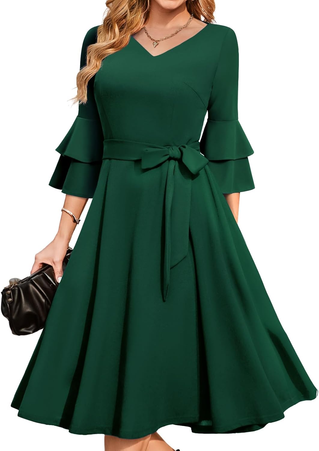 DRESSTELLS Cocktail Dress 2025, Long Bell Sleeves & V-Neck, Formal Bridesmaid Pr...