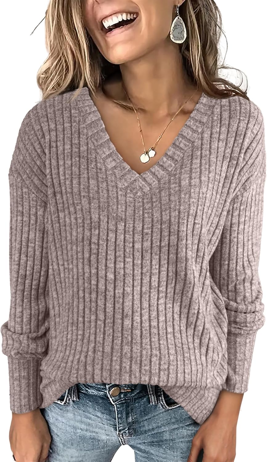 ANRABESS Long Sleeve Shirts for Women V Neck Casual Fall Tops Loose Fit Lightwei...