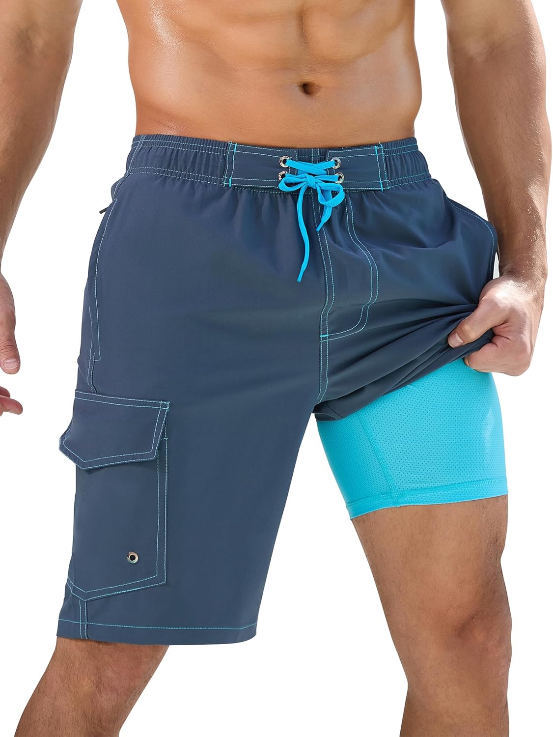 SILKWORLD Mens Swim Trunks with Compression Liner Quick-Dry 10" Stretch Beach Sh...