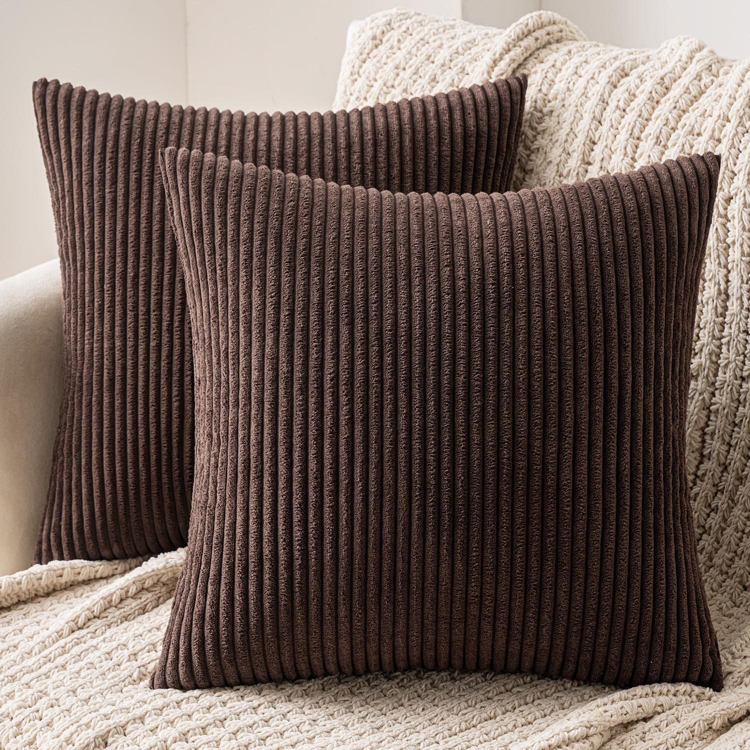 MIULEE Set of 2 Striped Corduroy Square Throw Pillow Case Soft Cushion Covers Sh...