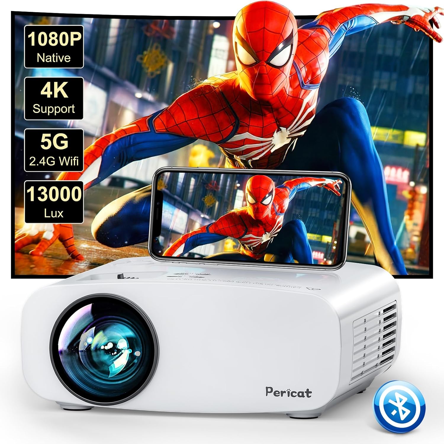 5G WiFi Bluetooth Projector, Pericat Native 1080P Movie Projector for Phone, Por...
