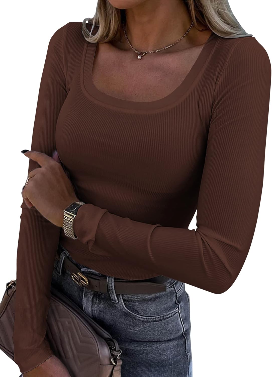 Roselux Womens Long Sleeve Scoop Neck Ribbed Knit Fitted Casual Tops Tee Slim Ba...
