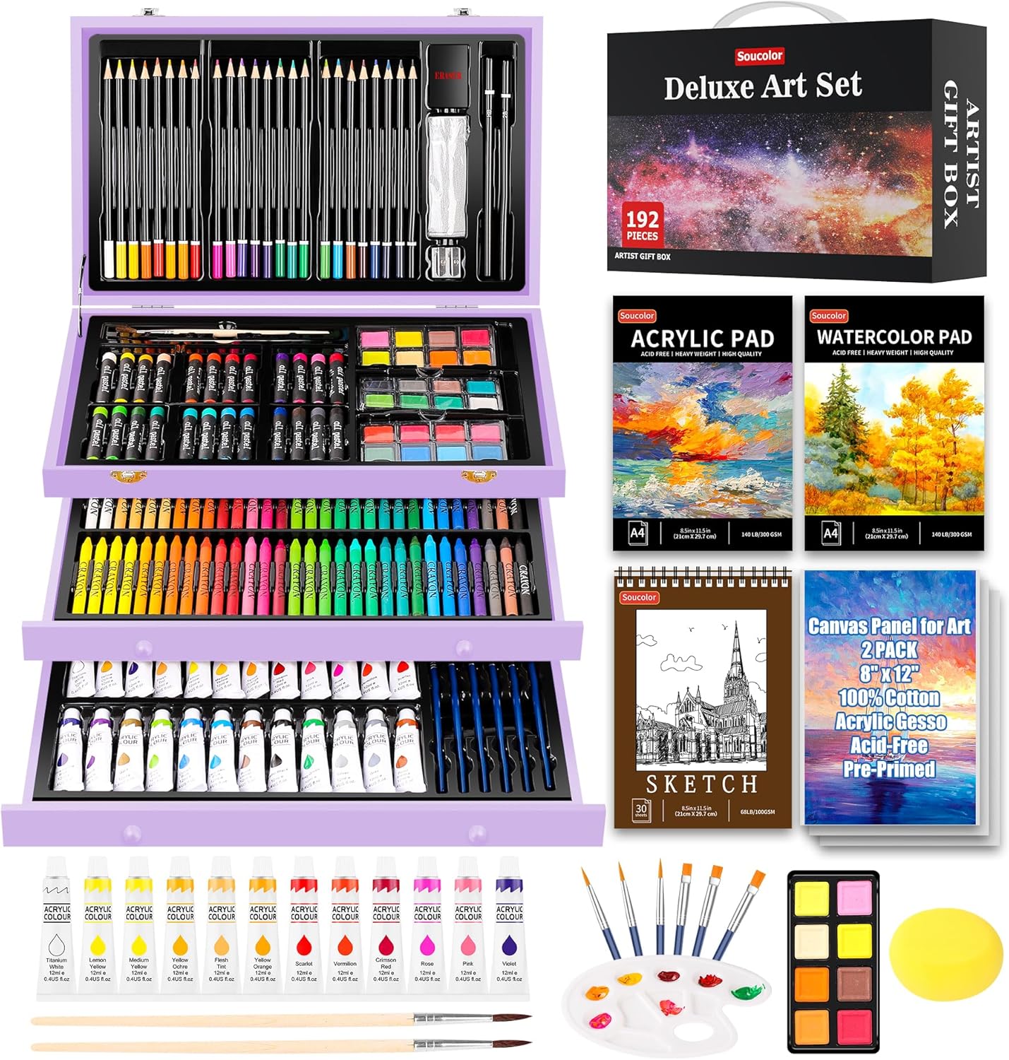 Soucolor Art Supplies, 192-Pack Deluxe Art Set Drawing Painting Supplies Art Kit...