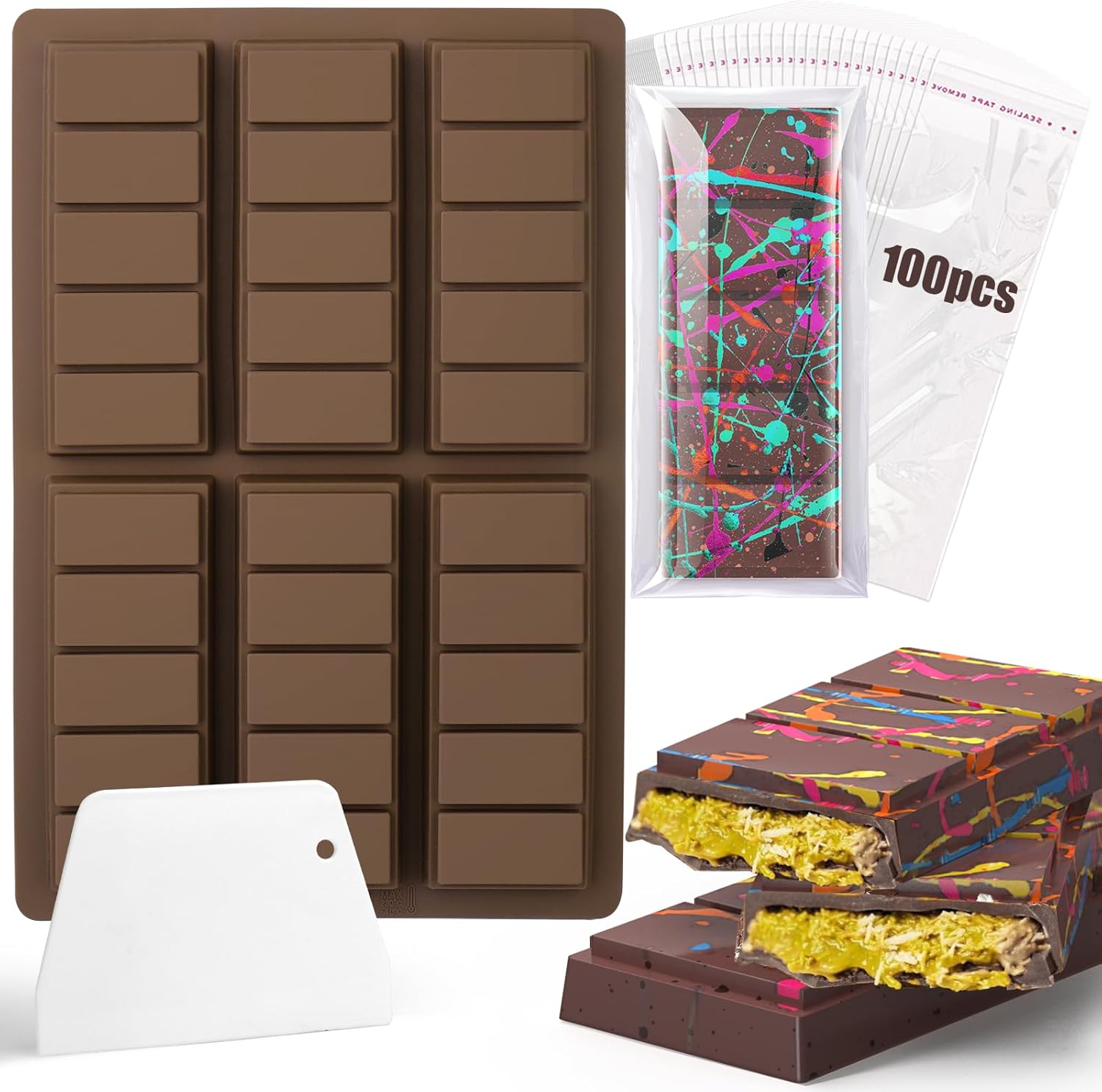 BABORUI 6 Cavities Chocolate Bar Mold Deep with 100Pcs Bags, Thick Chocolate Bar...