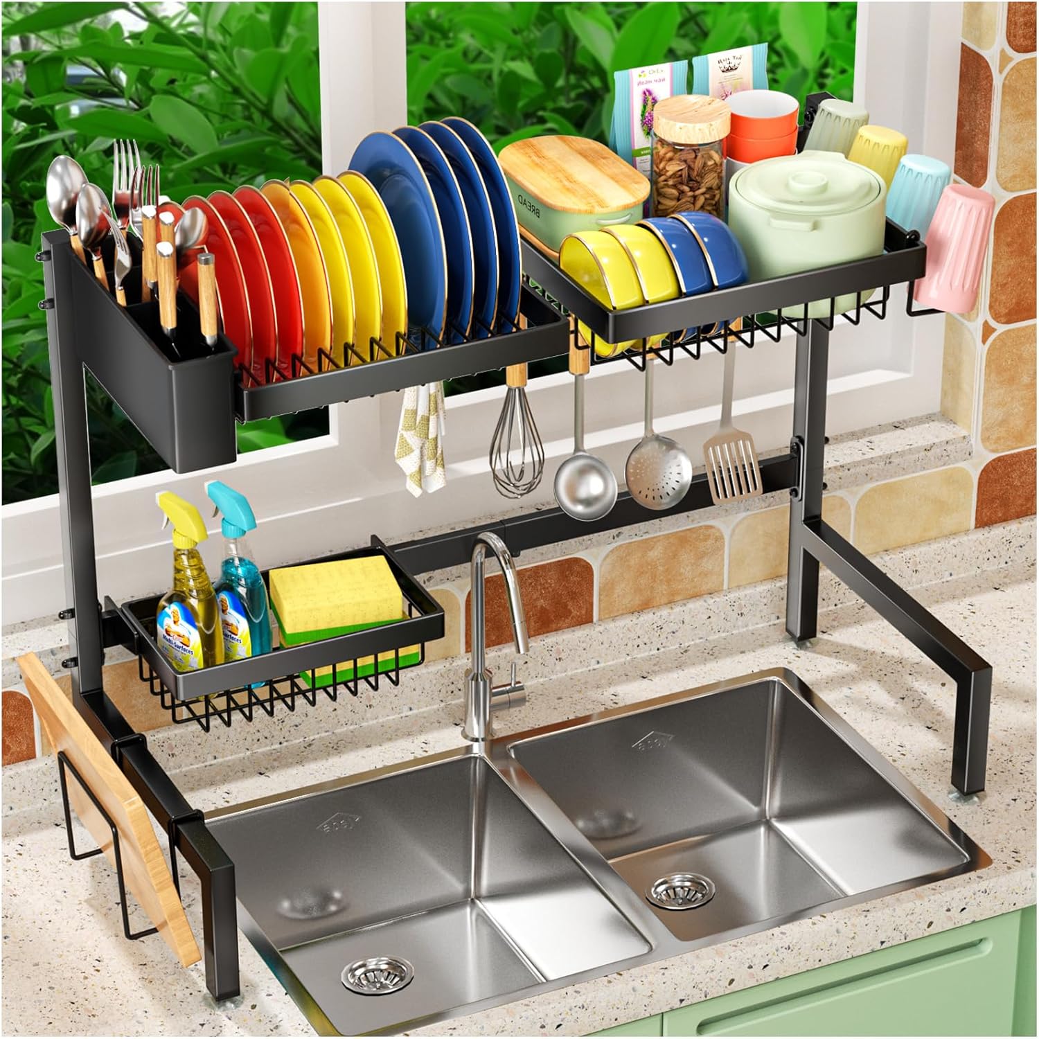 SNSLXH 2-Tier Over The Sink Dish Drying Rack, Kitchen Large Dish Drying Rack Ove...