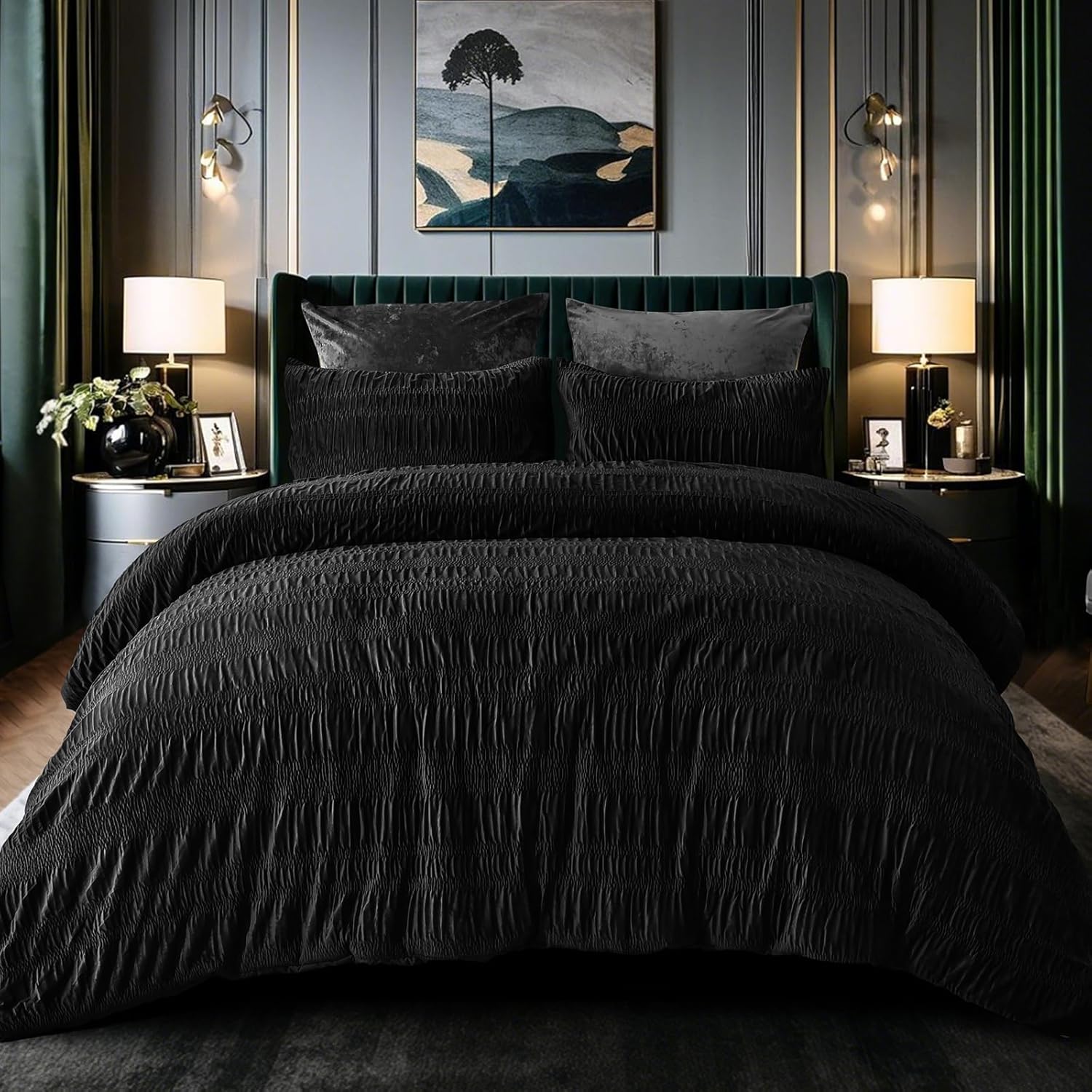 PHF Luxury Velvet Comforter Set Queen Size, 3 Piece Ultra Soft Seersucker Ruched...