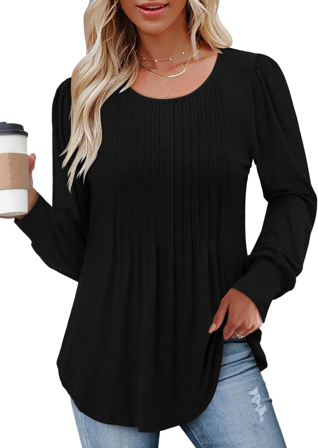 CHICZONE Women's Tops Shirts Round Neck Button up Ladies Tunic Pleated Blouse Lo...