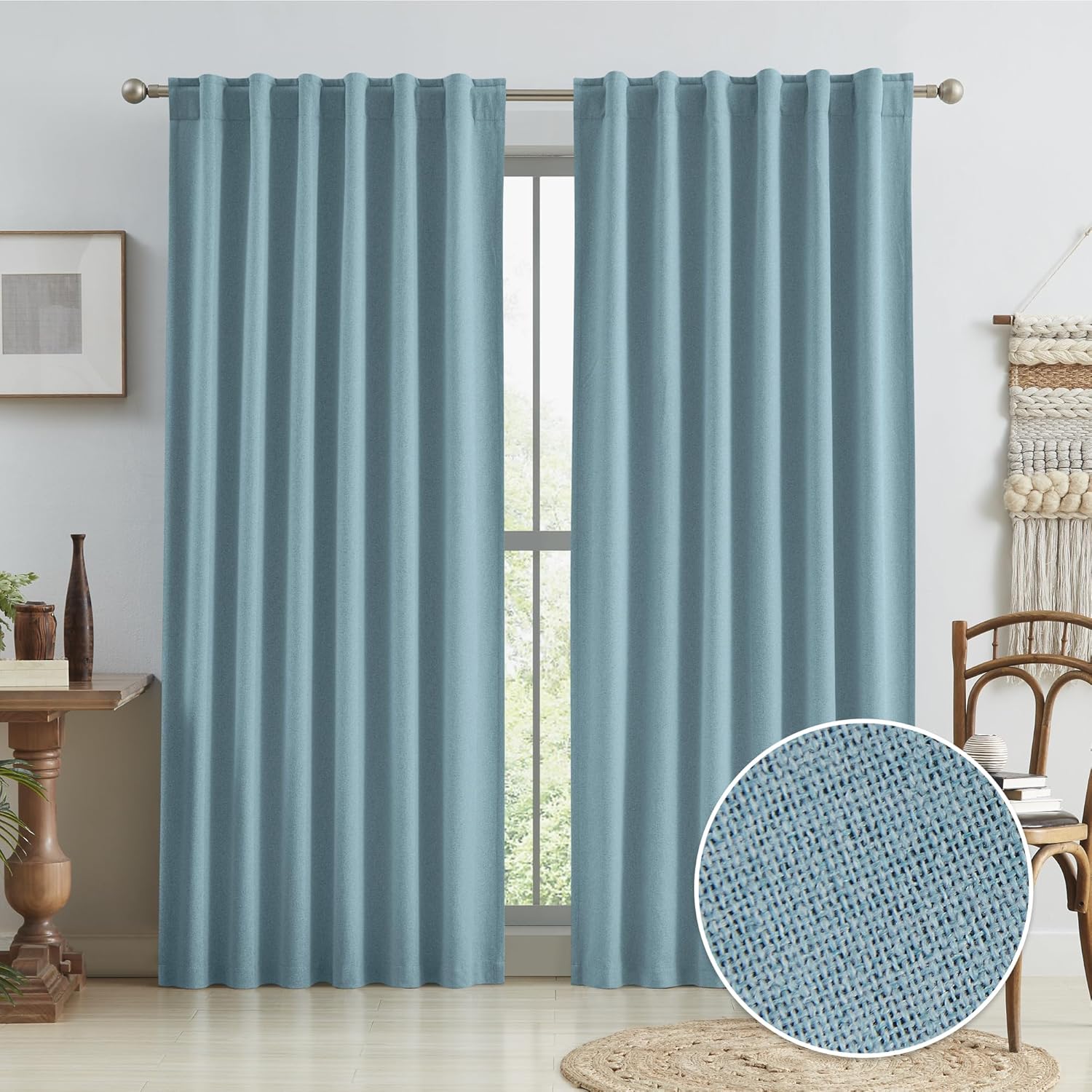 KEQIAOSUOCAI Slate Stone Blue Linen Blackout Curtains 90 Inch Long 2 Panels, Bac...