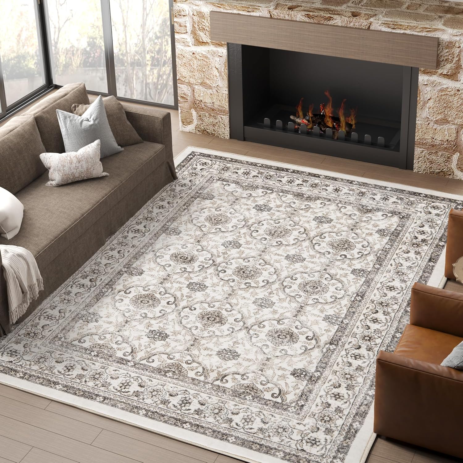 jinchan Washable Area Rug 9x12 Low Pile Faux Wool Living Room Rug Soft Vintage T...