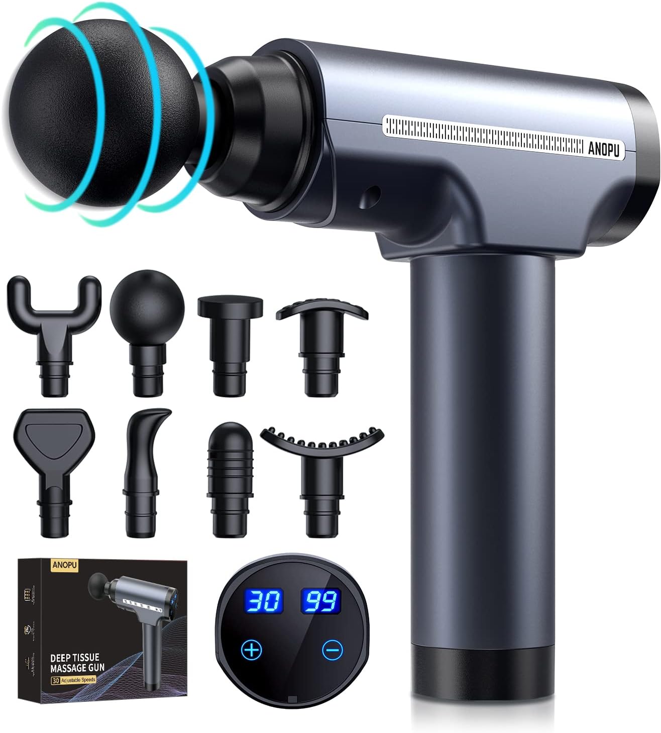 Massage Gun, 30 Speeds Deep Tissue Massager, 8 Massage Heads Muscle Massage Gun,...