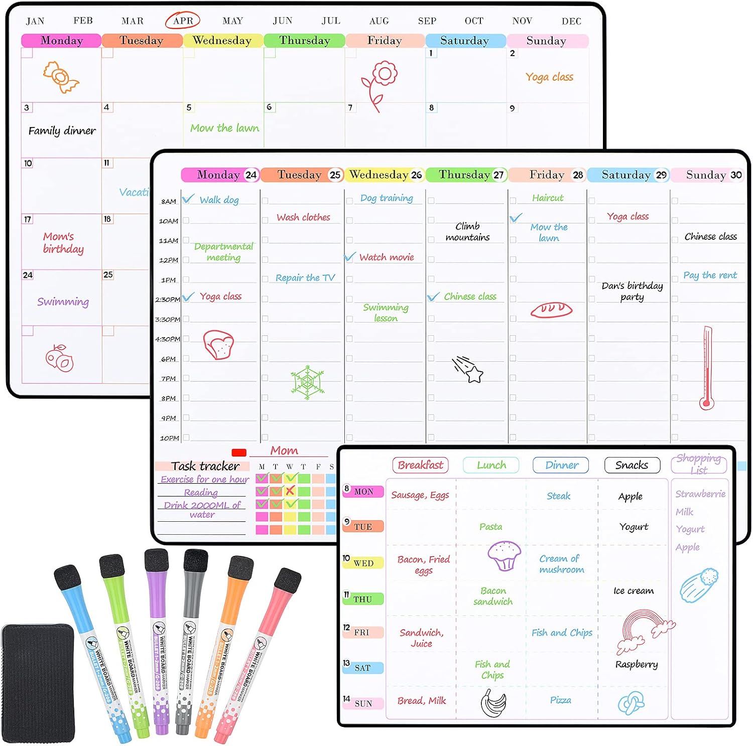 POPRUN Magnetic Calendar Whiteboard for Fridge, Family Weekly Planner, A3 Monthl...