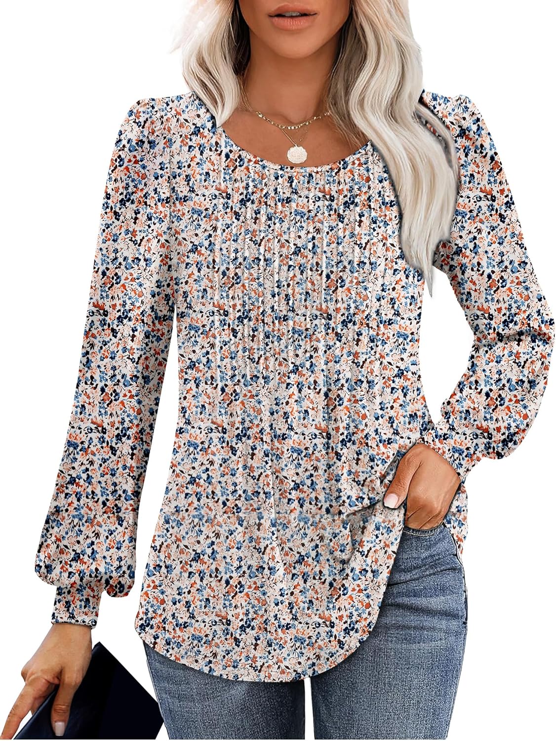 Long Sleeve Shirts For Women Fall Fashion 2024 Womens Tunic Tops Pleated Crew Ne...