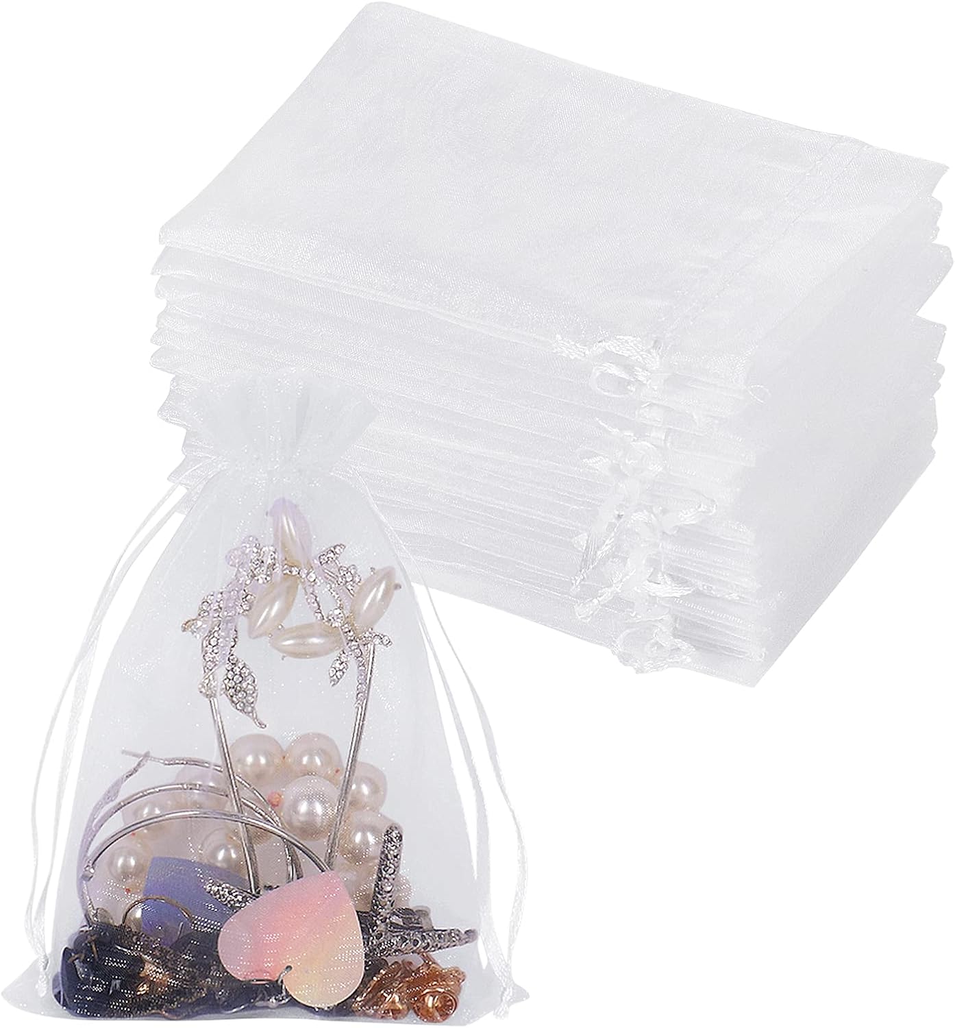 YQL Organza Bags White, 100pcs 10X15cm Mesh Wedding Favour Gift Bags with Drawst...