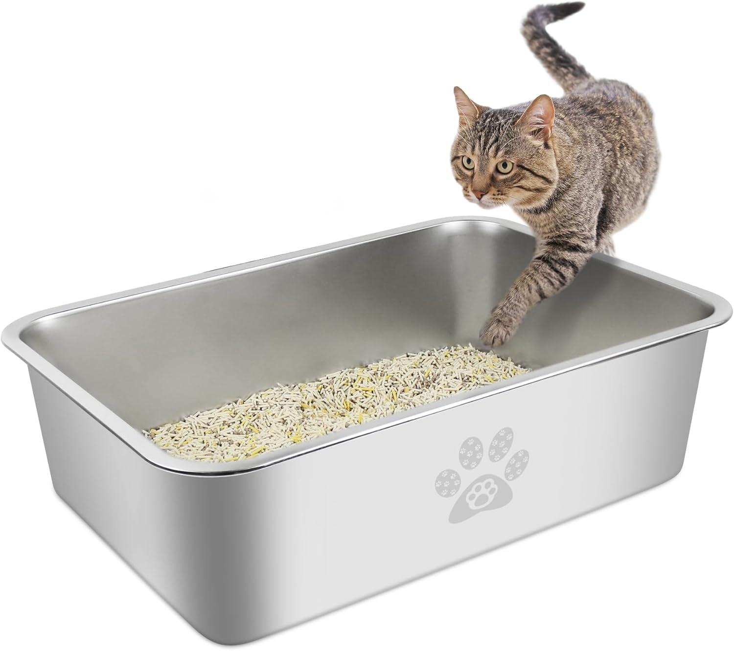 Stainless Steel Cat Litter Box High Side Cats Toilet Metal Kitten Litter Pan, Pe...