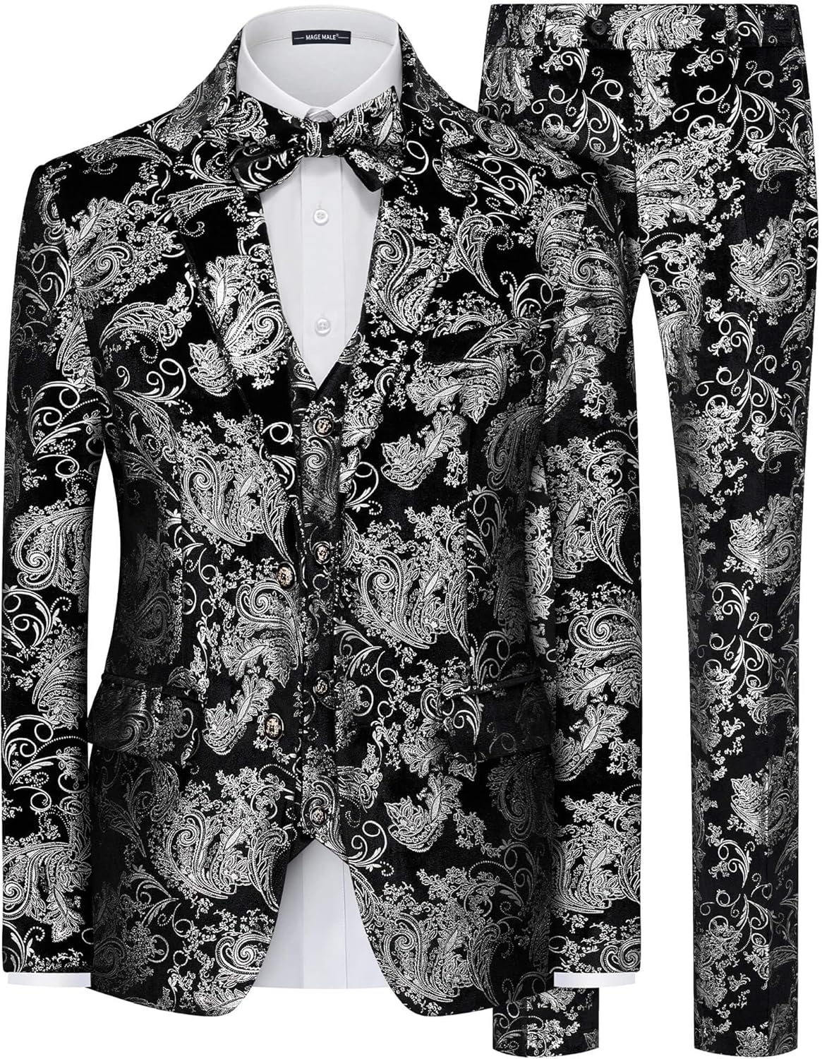 MAGE MALE Mens Suits Dress Floral Tuxedo Slim Fit 3 Piece Suit 2 Button Prom Par...