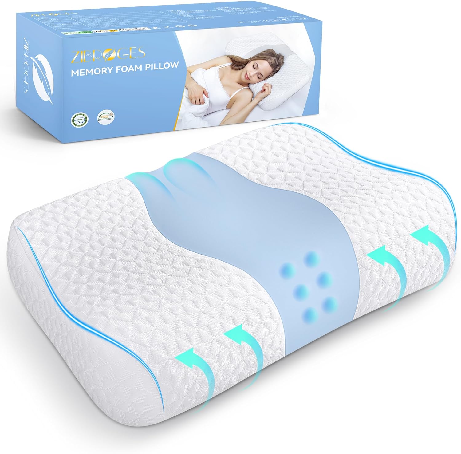 Zibroges Neck Pillow Memory Foam Pillows - Cervical Pillows Support for Side, Ba...