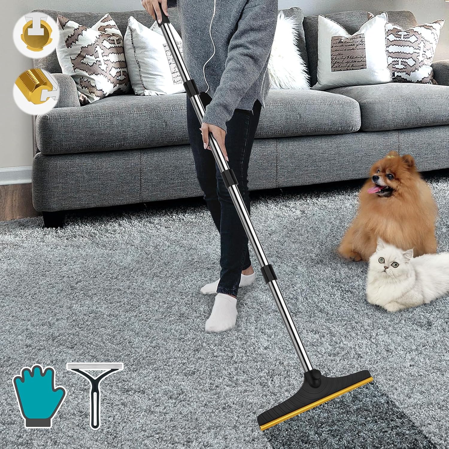 B-Land Carpet Rake for Pet Hair Removal, Reusable Pet Hair Remover with 60” Adju...