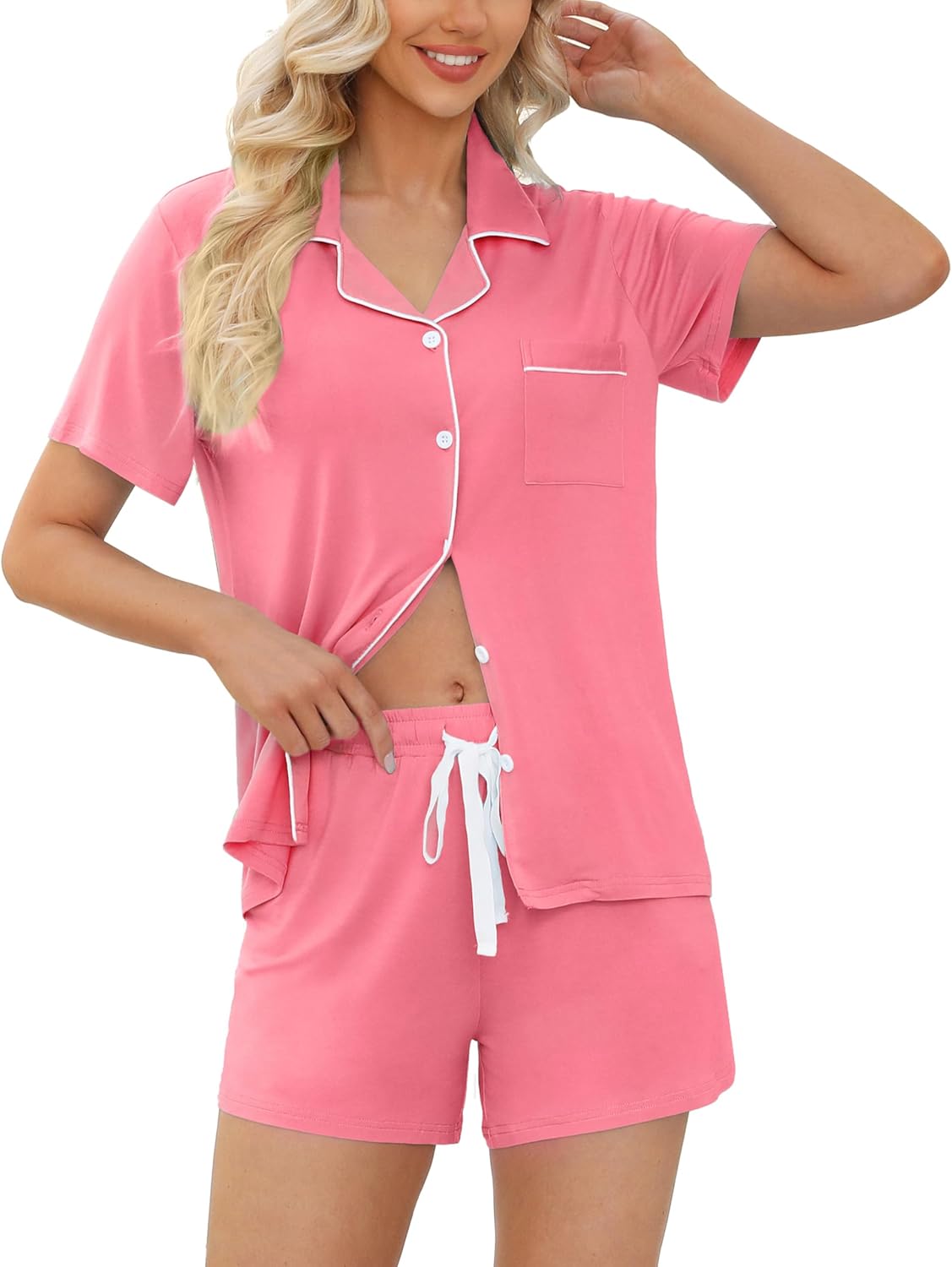 Samring Womens Pajamas Set Short Sleeve Sleepwear Button Down Nightwear Shorts S...