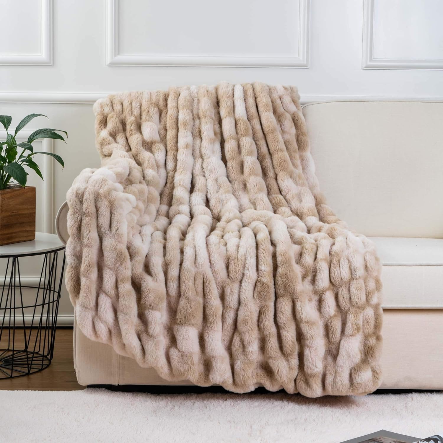BATTILO HOME Ruched Luxury Faux Fur Throw Blanket Beige Tie-dye Rabbit Fur Blank...