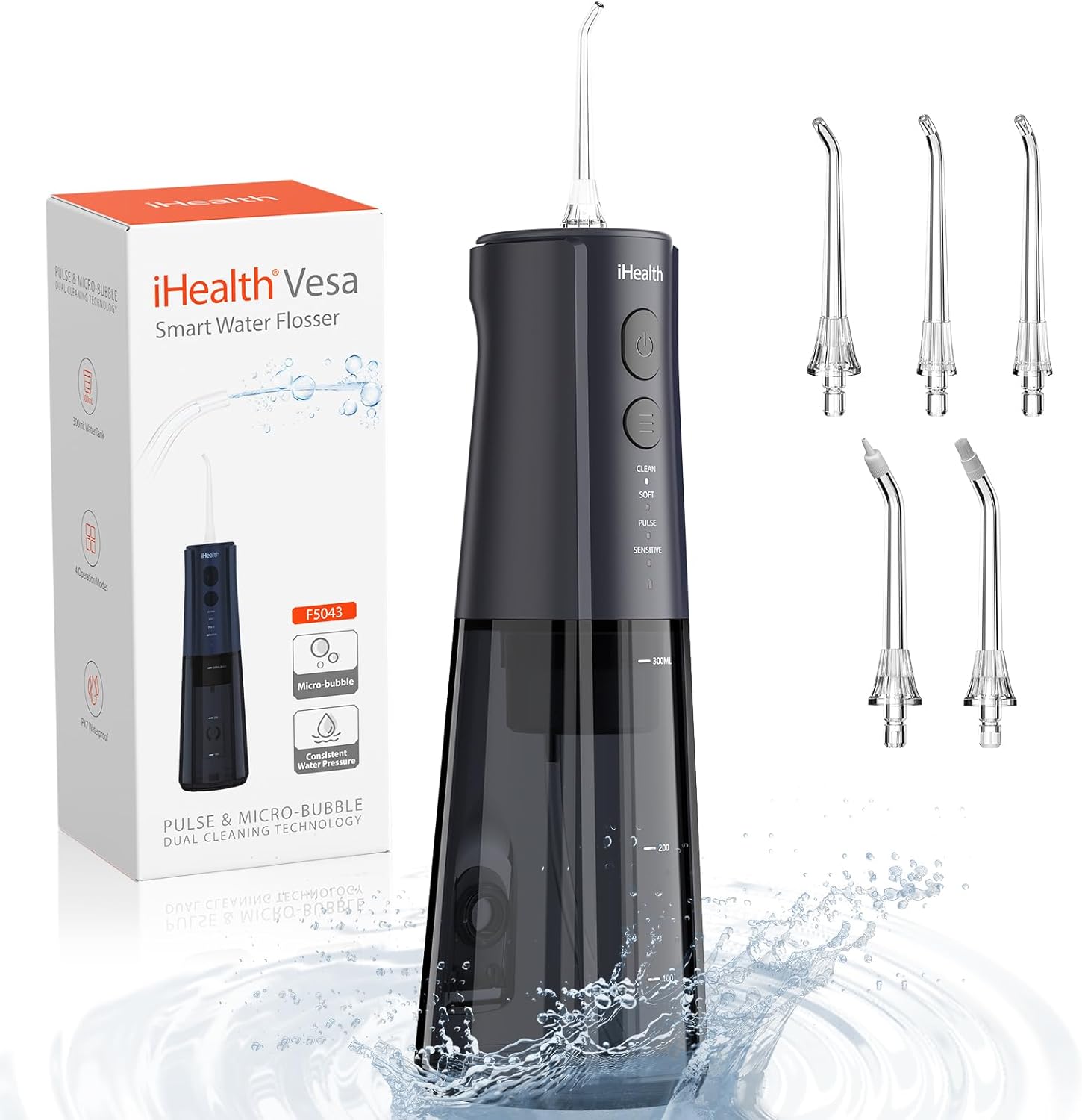 iHealth Vesa Water Dental Flosser Cordless: Portable Oral Irrigator with Microbu...