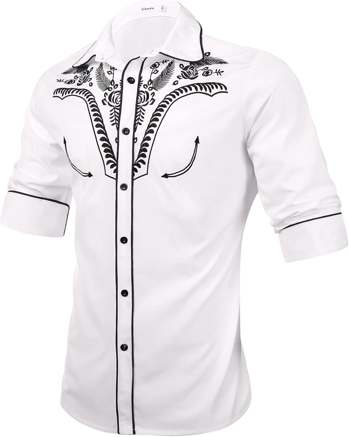 Sykooria Men's Shirts Long Sleeve Casual Vintage Floral Embroidery Button Down W...