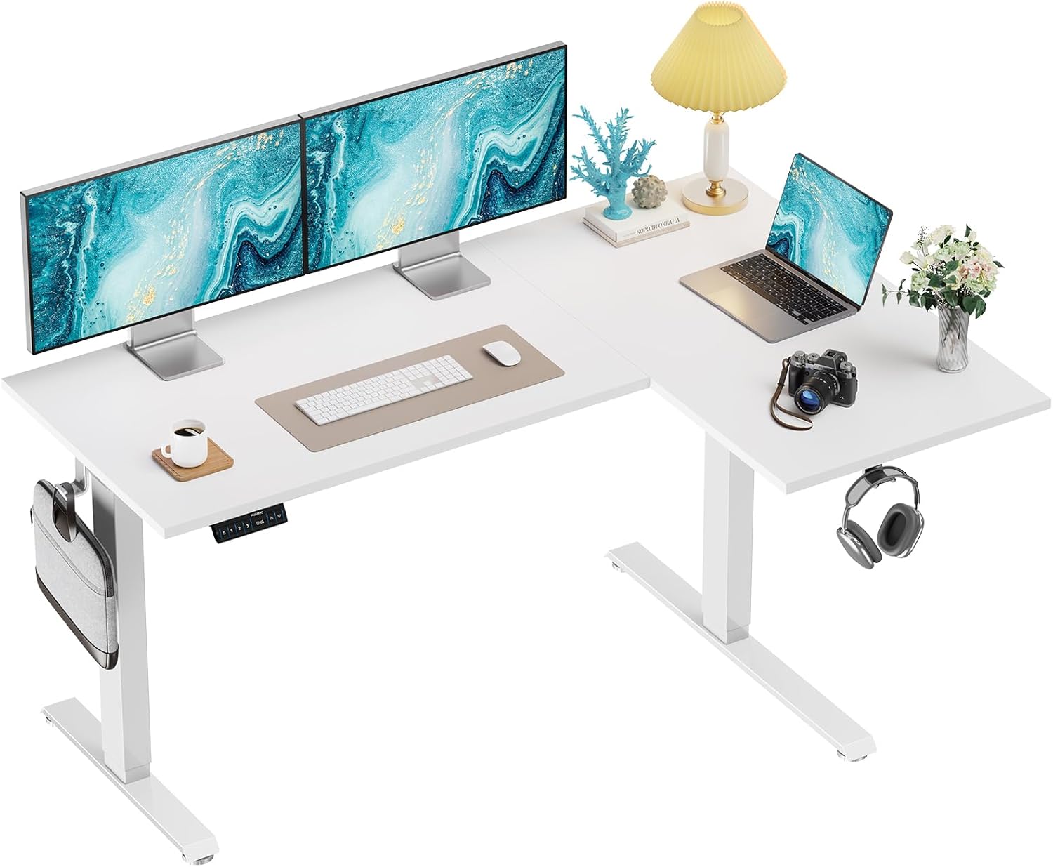 HUANUO L-Shaped Standing Desk, 63 x 40 inch Dual Motor Corner Standing Desk, Ele...