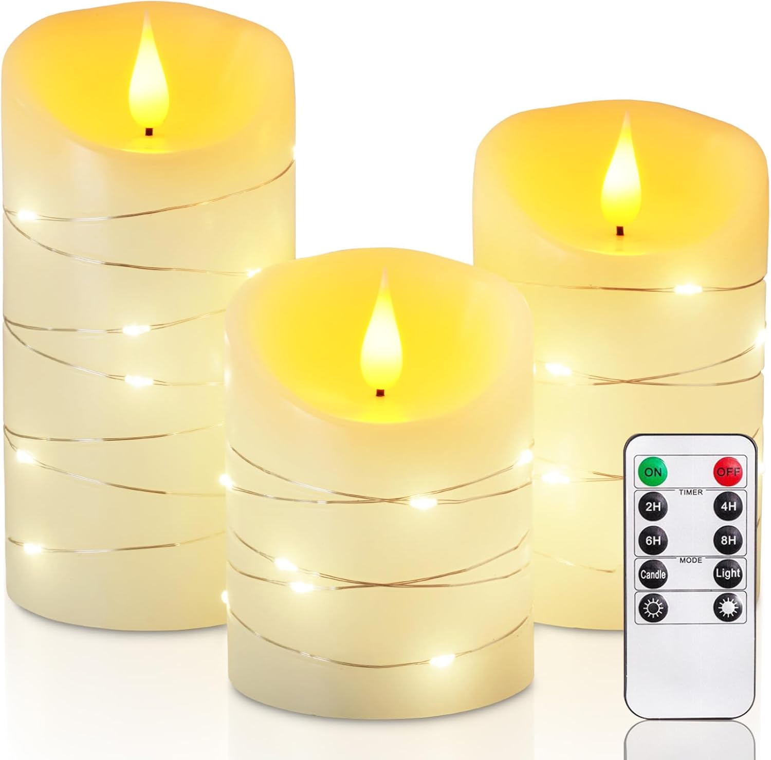 Homemory Flameless Candles with String Lights, 3 Pack Embedded Fairy String Ligh...