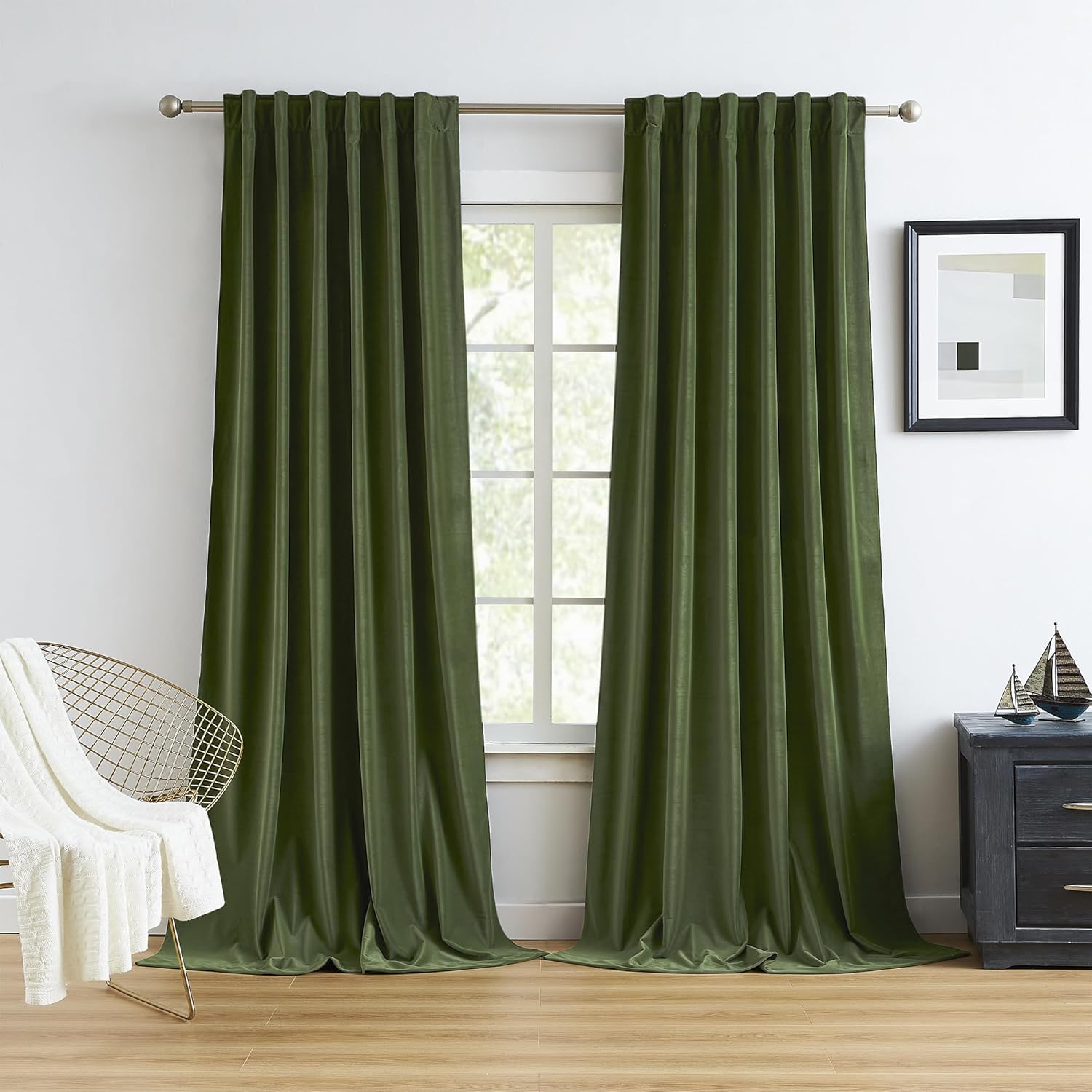 MUMFAS Olive Green Velvet Curtains 90 Inches Long 2 Panels, Light Blocking Boho...
