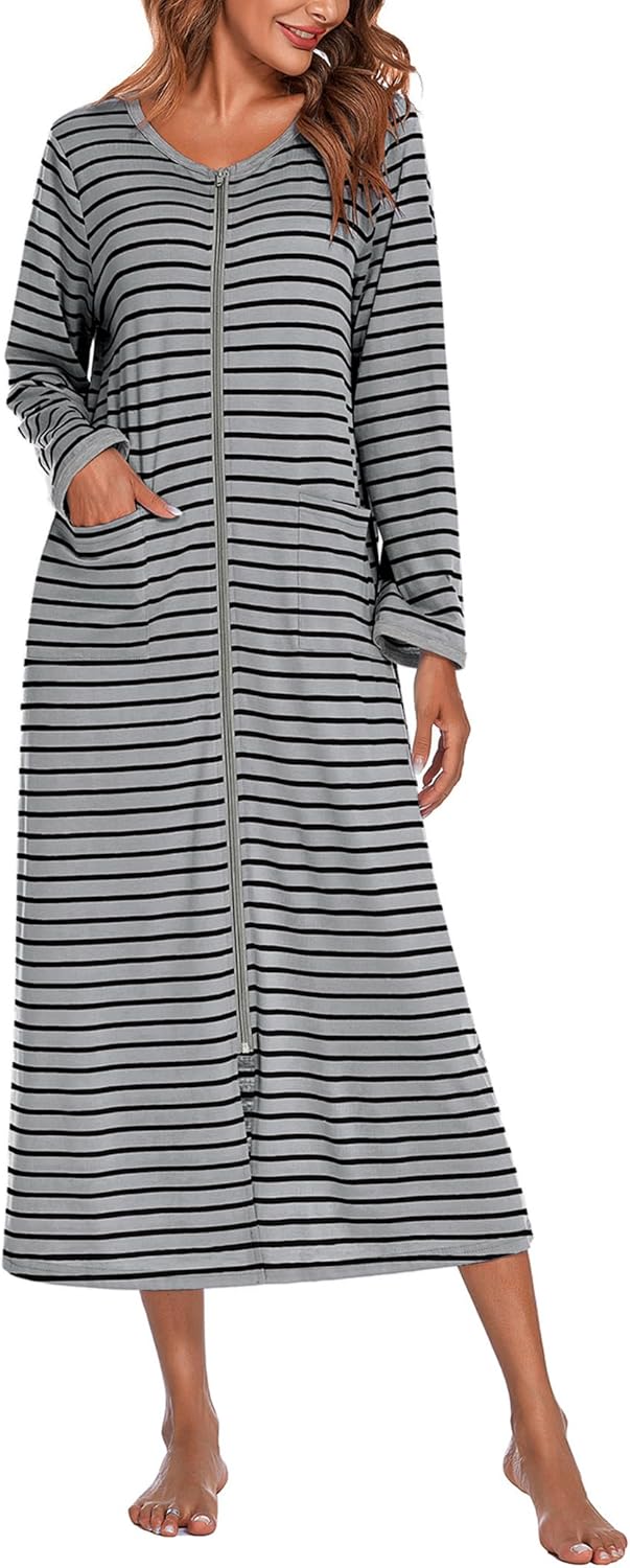 Ekouaer Women Long House Coat Zipper Front Robes Full Length Nightgowns with Poc...