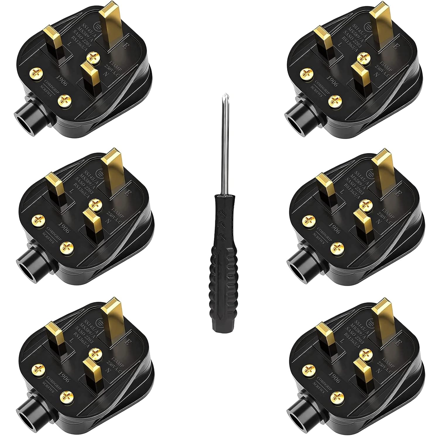 UK Plugs with 13 AMP Fused, 3 pin Mains Plug with Cord Grip Rewireable Heavy Dut...