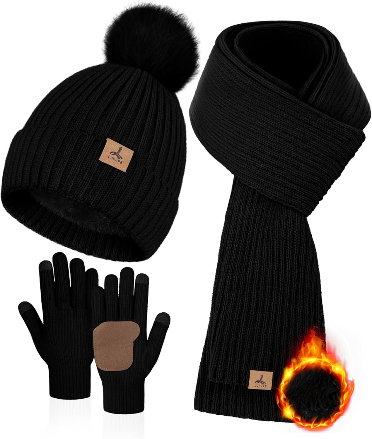 LOROME Women Winter Beanie Hat Scarf Gloves Set, Fleece Knitted Pompom Hat Warm...
