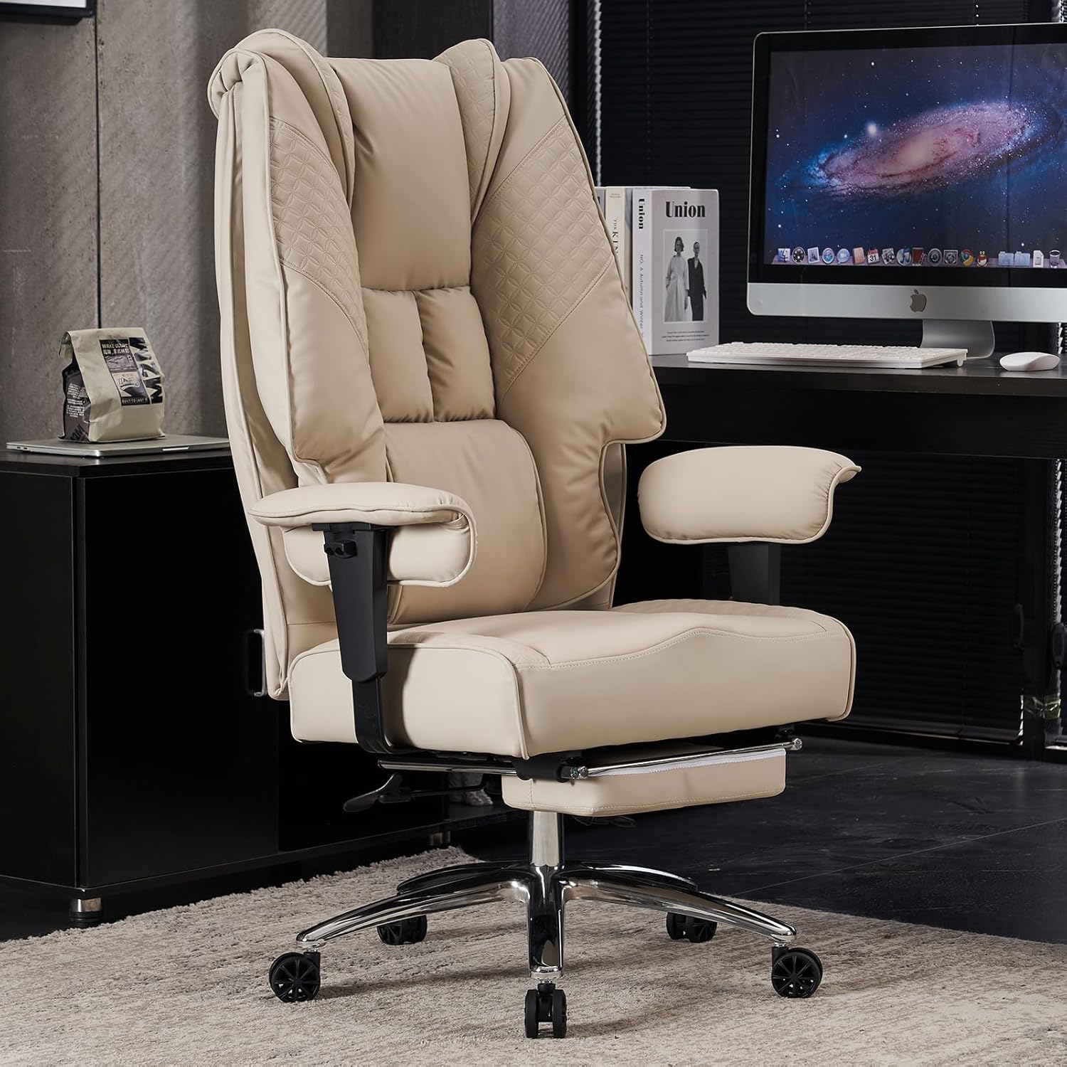 Big and Tall Office Chair 400lbs Wide Seat, Leather High Back Executive Office C...