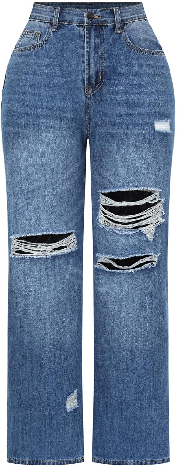 THUNDER STAR Womens High Waisted Wide Leg Jeans Stretchy Distressed Denim Pants...