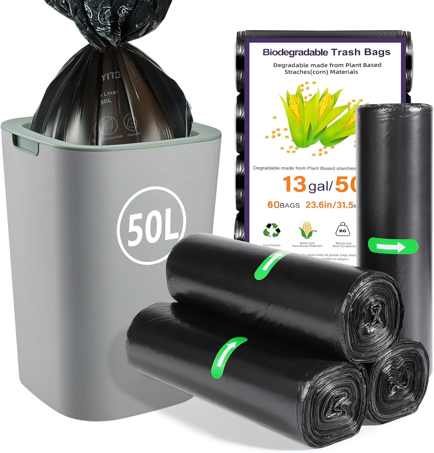 60 x 50 Litre Bin Lines Bags, 13Gallon Food Waste Bags Thicken large Garbage Bag...