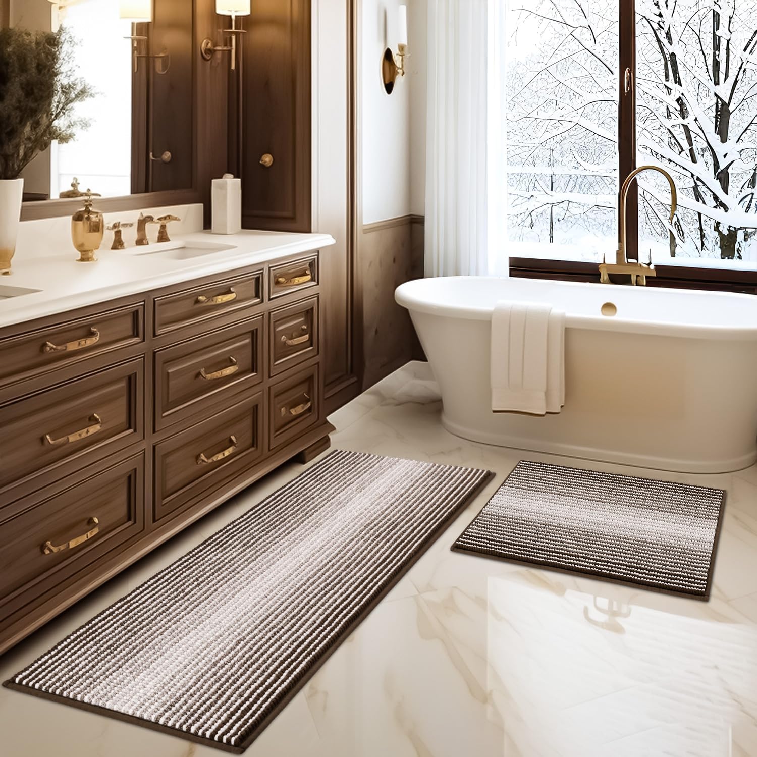 BSICPRO Bathroom Rugs and Mats Sets, 2 Piece Thick Absorbent Chenille Bath Mat R...