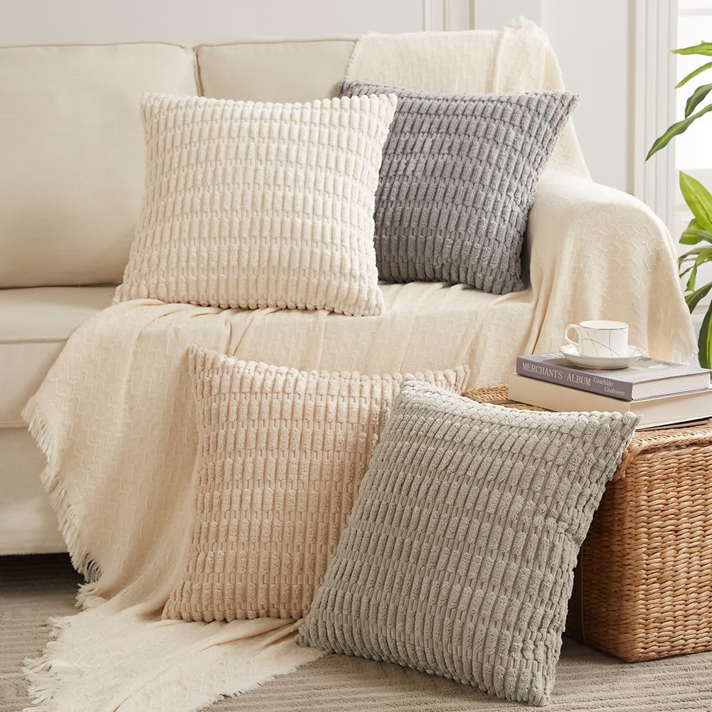 Fancy Homi 4 Pack 20x20 Inch Striped Corduroy Throw Pillow Covers, Rustic Boho H...