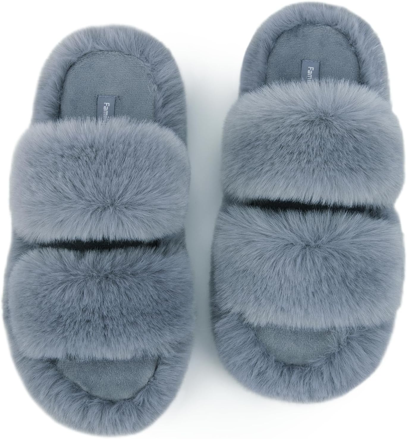 FamilyFairy Women's Fluffy Faux Fur Slippers Comfy Open Toe Two Band Slides with...
