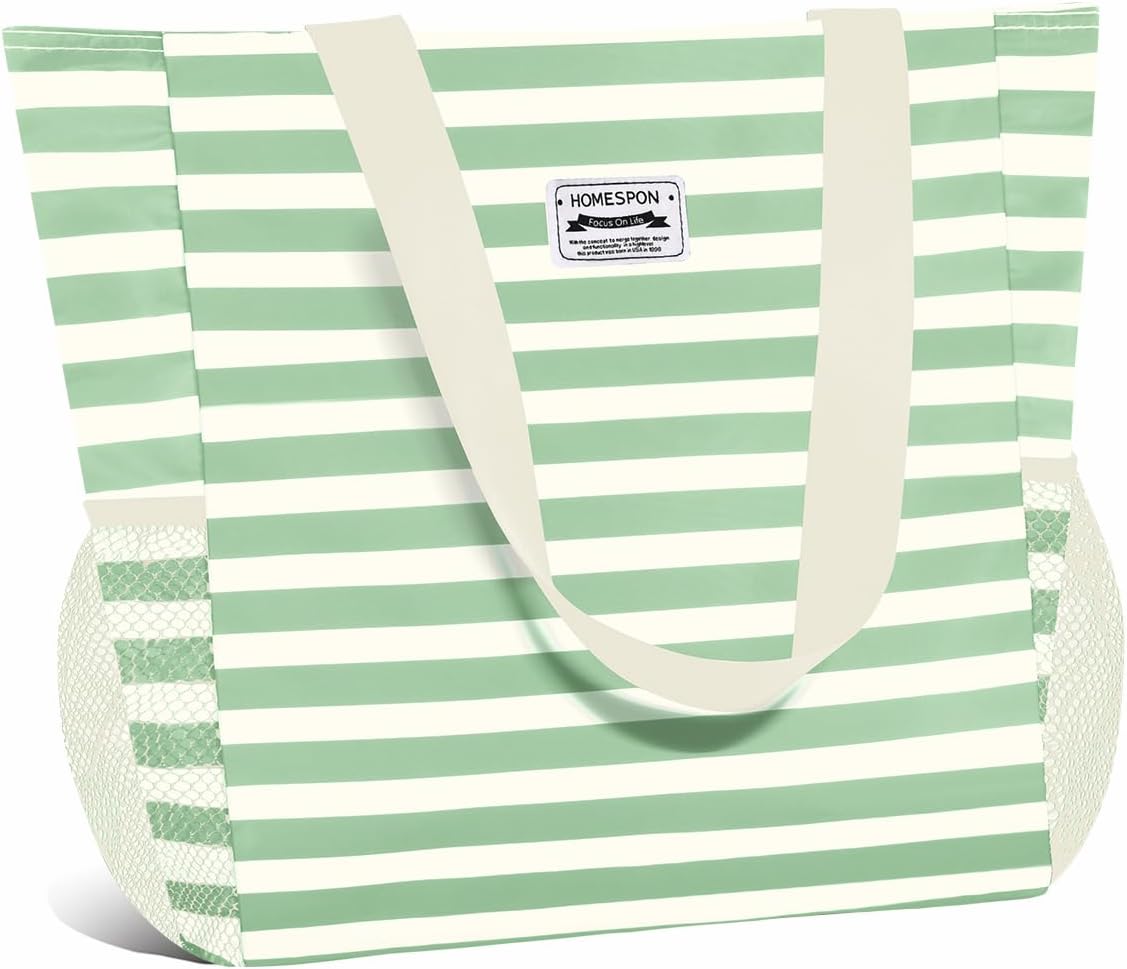 HOMESPON Large Waterproof Beach Tote Bag with Zip and Pockets for Women Green Wh...