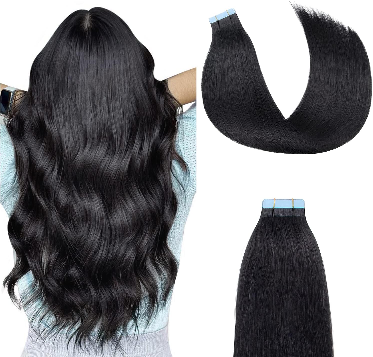 AGMITY Tape in Hair Extensions 100% Remy Human Hair Jet Black 20 inches 20pcs 50...