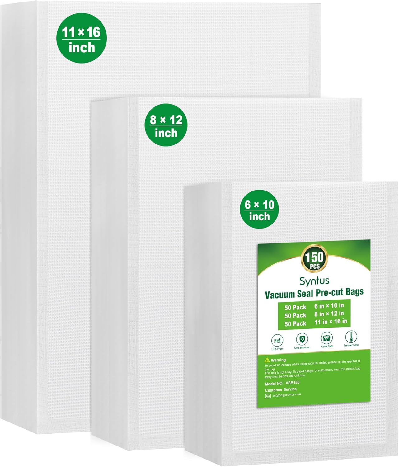 Syntus Vacuum Sealer Bags, 150 Gallon 11" x 16" and Quart 8" x 12" and Pint 6" x...