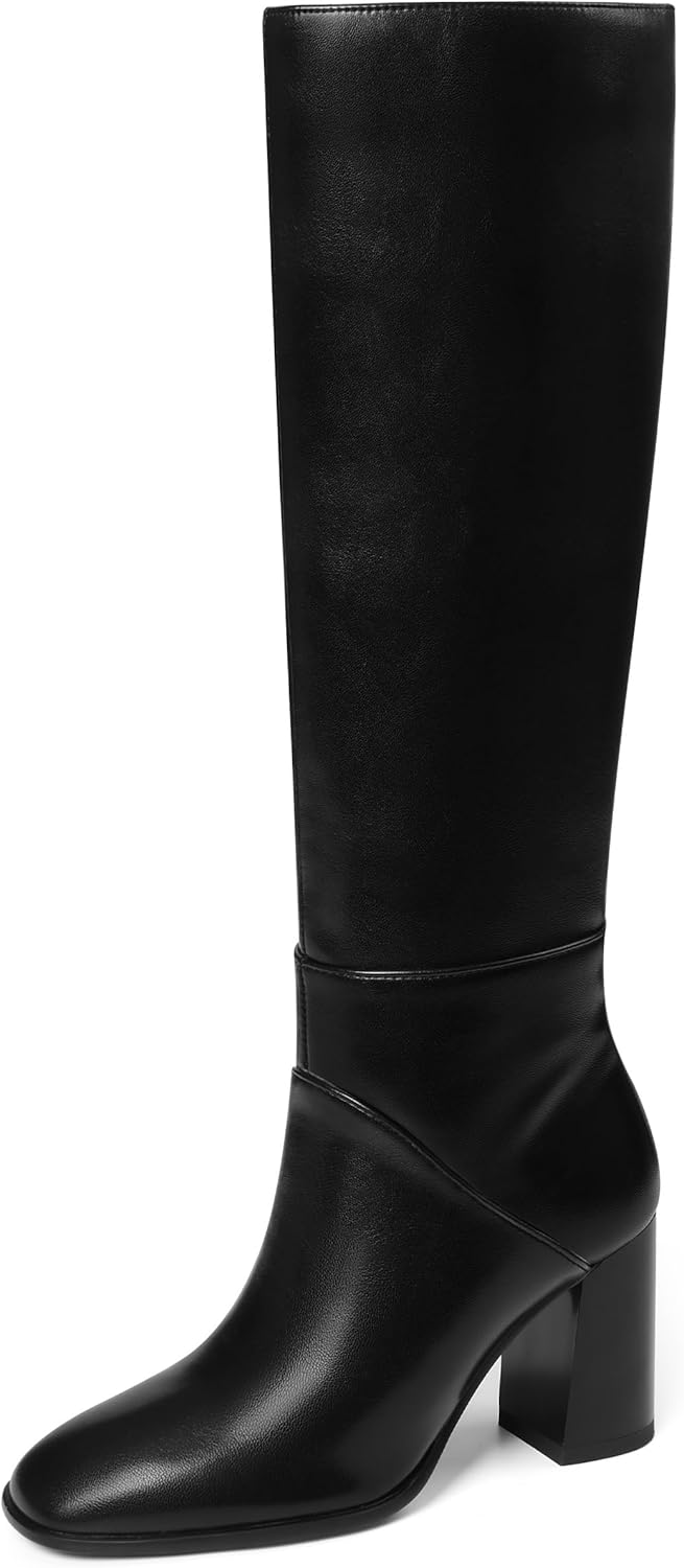Knee High Boots Women Fall Winter Faux Suede Square Toe Chunky Block Heel Wide C...