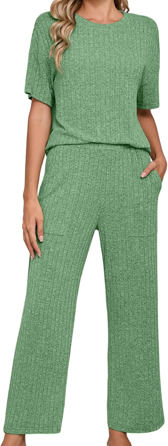 Heymoments Pajamas for Women Ribbed Knit Lounge Set Short Sleeve Top and Sleepwe...
