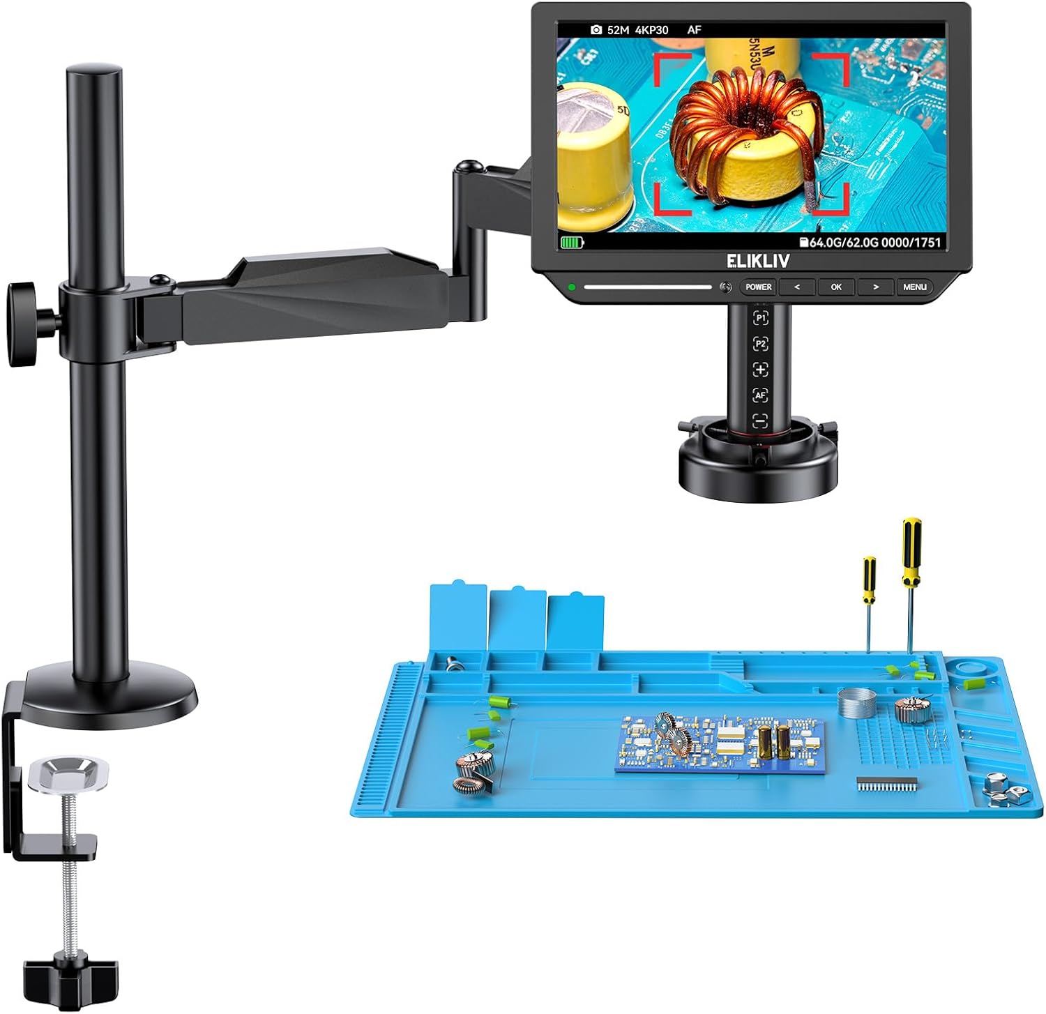 Elikliv Autofocus 4K HDMI Digital Microscope, EM4K-AF Flex Arm Soldering Microsc...