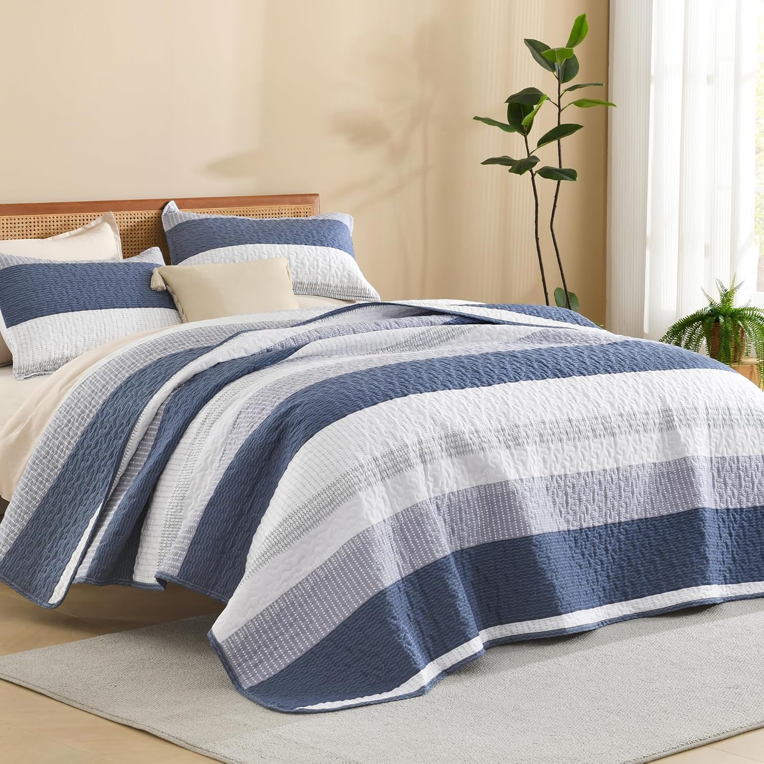 Litanika Twin Quilt Set Mineral Blue, 68x86 Stripe Bedspread Coverlet 2 Pieces,...